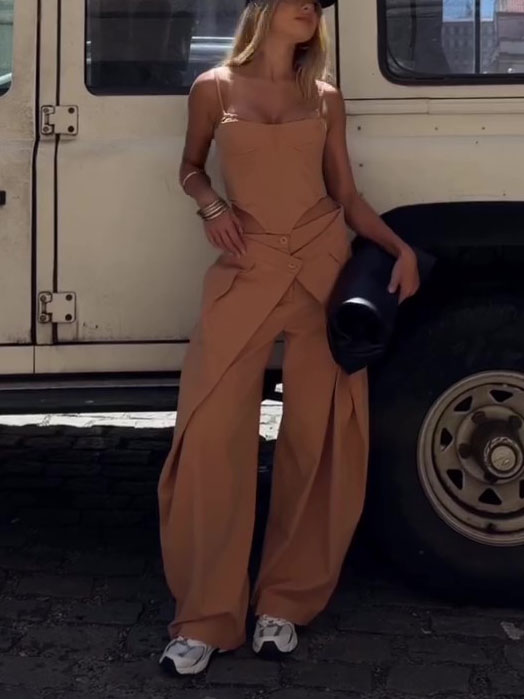 Spaghetti Strap Corset Top & Wide-Leg Pants Set – Camel, XS–2XL