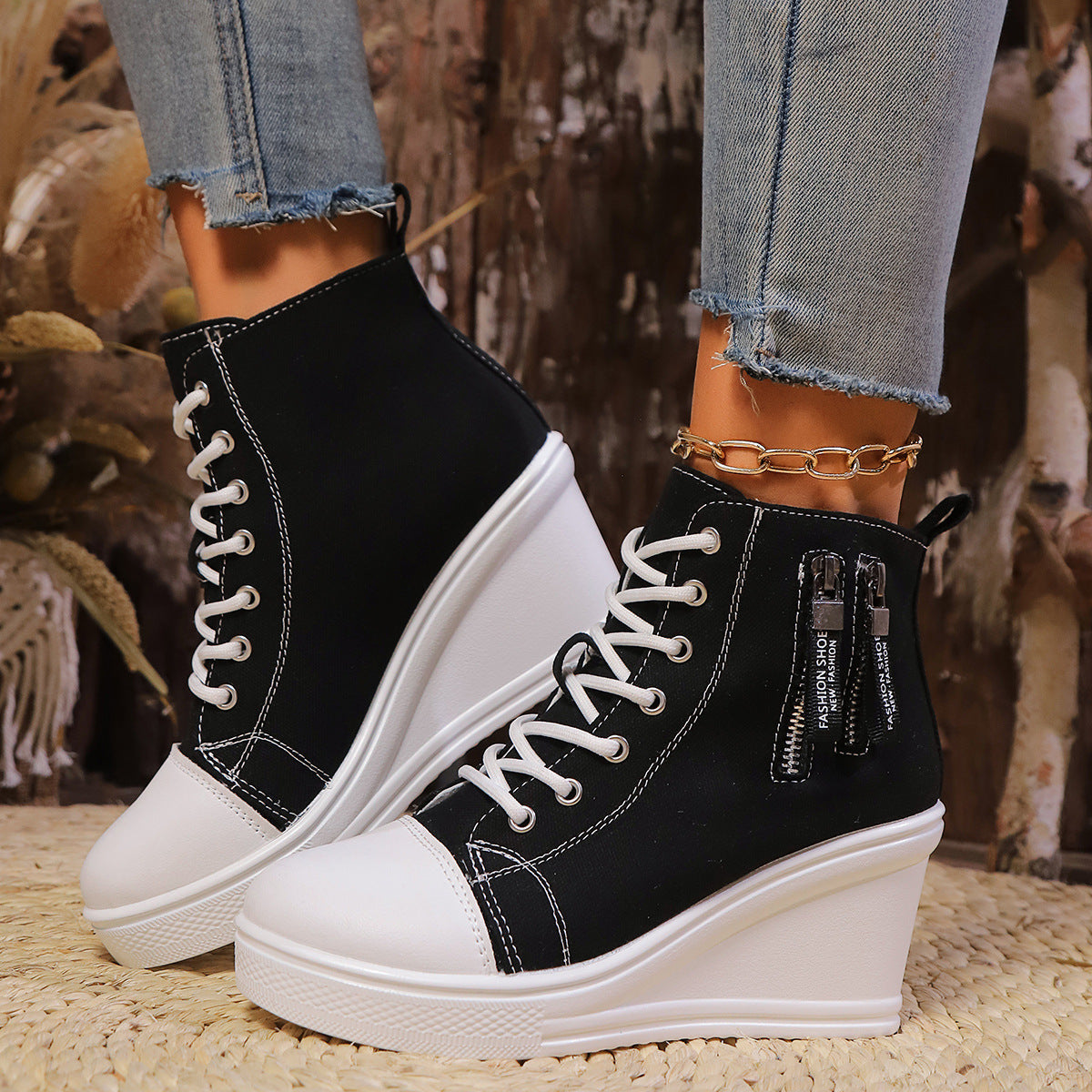 Women's Canvas Wedge Platform Lace-Up Sneakers