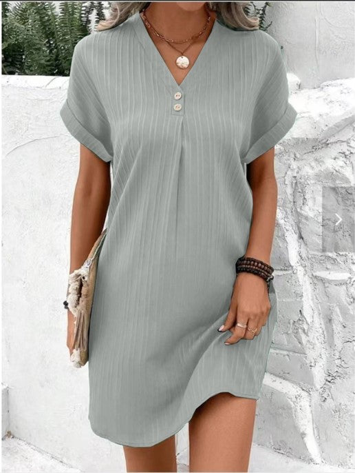 Button-Front V-Neck Dress – Short Sleeve Solid Casual Shirt Dress
