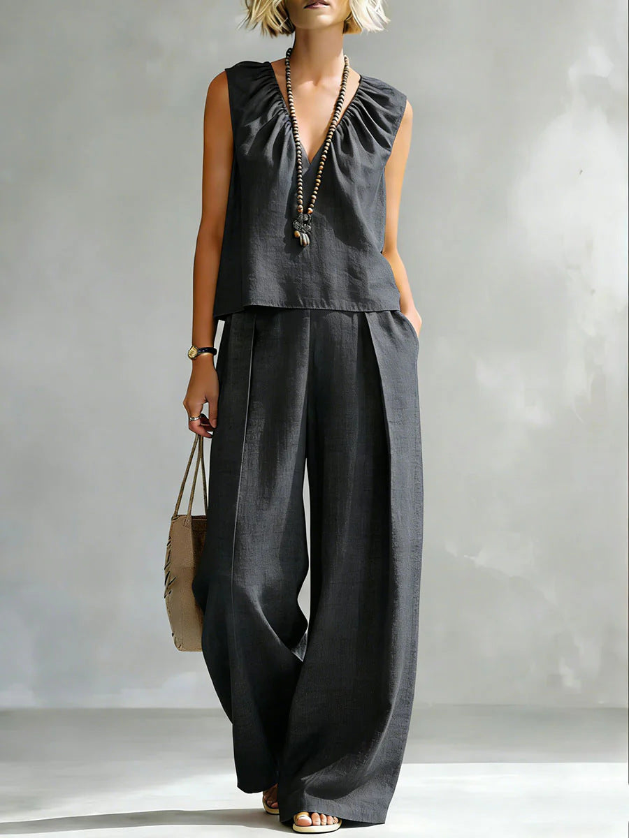 Women's Sleeveless Cotton-Linen Shirt & Pants Set – Urban 2-Piece