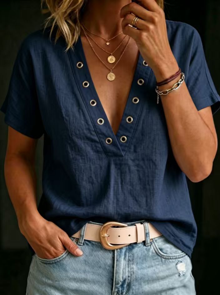 Women's V-Neck Short-Sleeve Loose-Fit Linen Shirt
