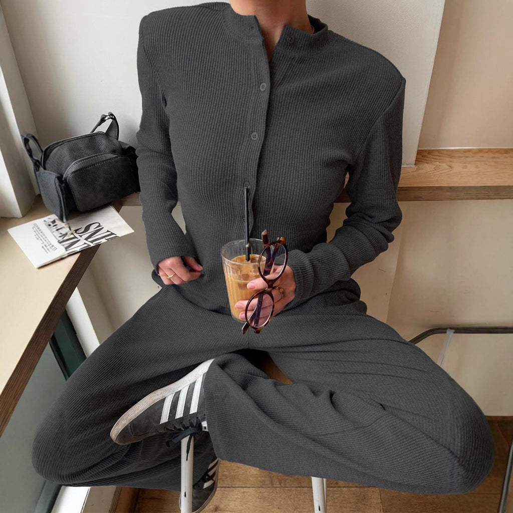 Women's Half-High-Neck Ribbed Knit Cardigan & Button-Front Trousers Set