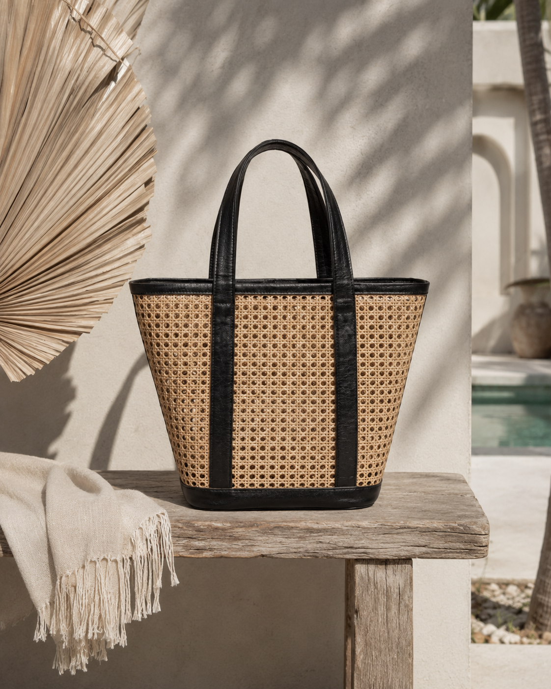 Rumi Leather and Cane Bucket Bag