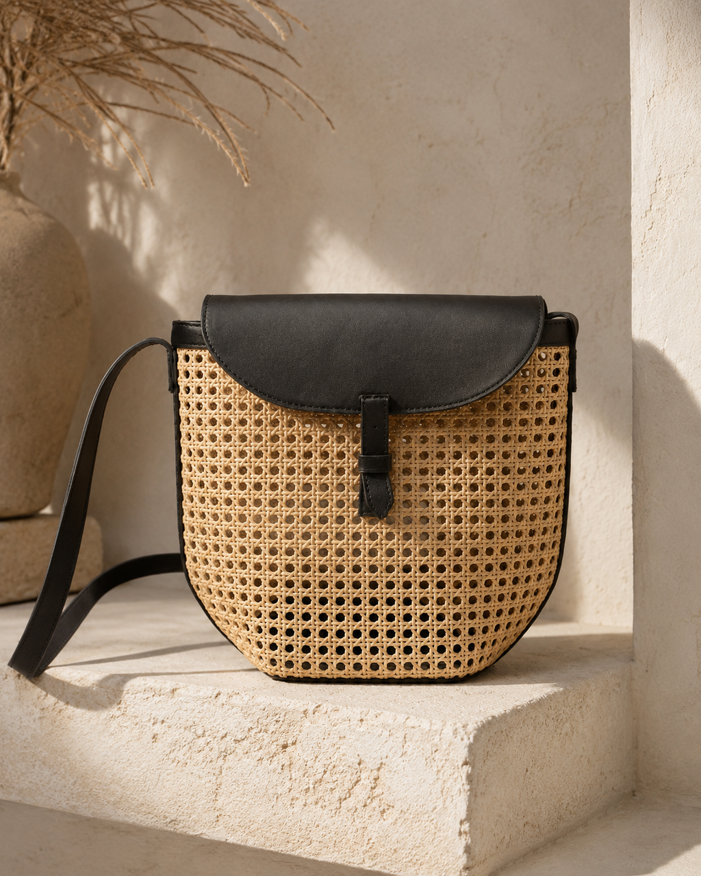 Rumi Leather and Cane Bucket Bag