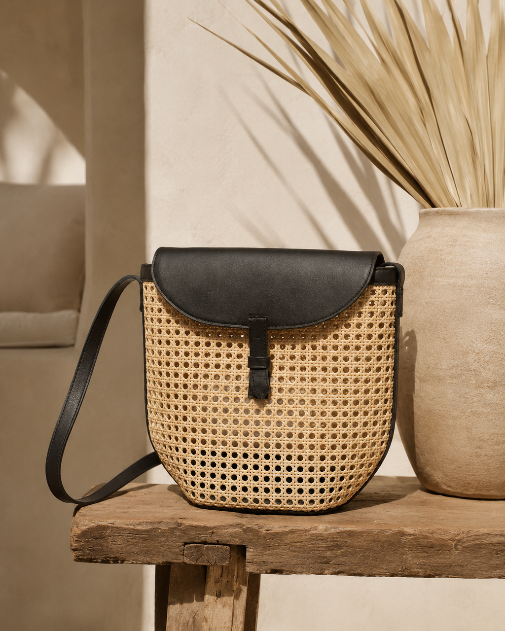 Rumi Leather and Cane Bucket Bag