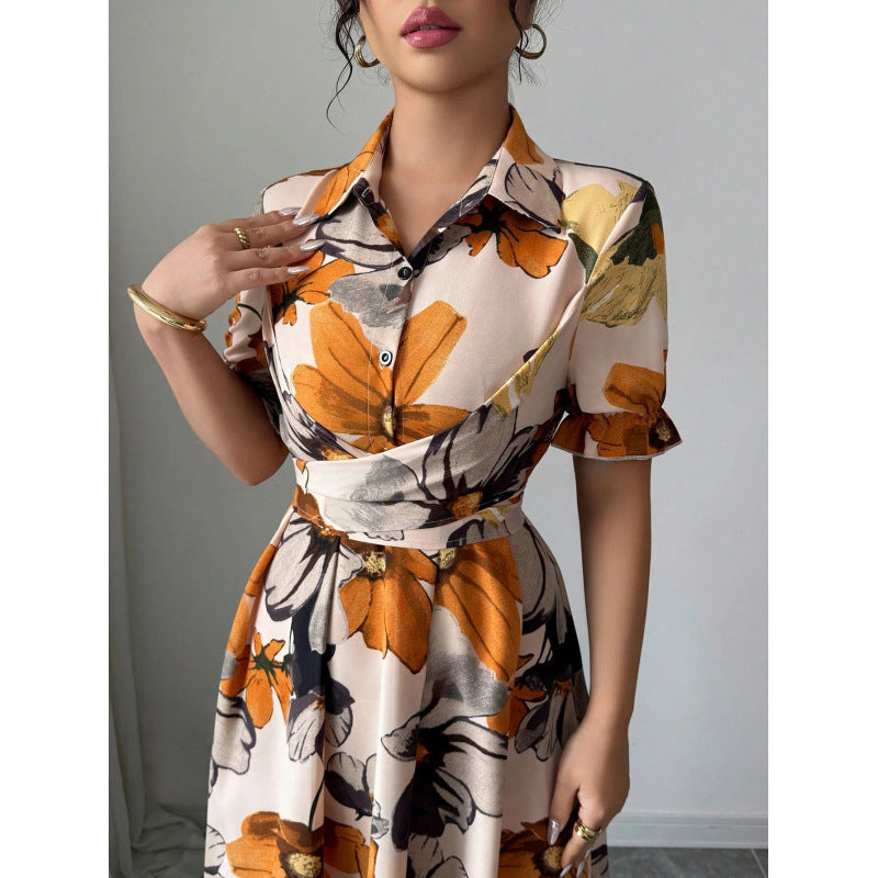 Women’s Printed Puff Sleeve Dress – Blouse Collar Cross-Tie Waist Style