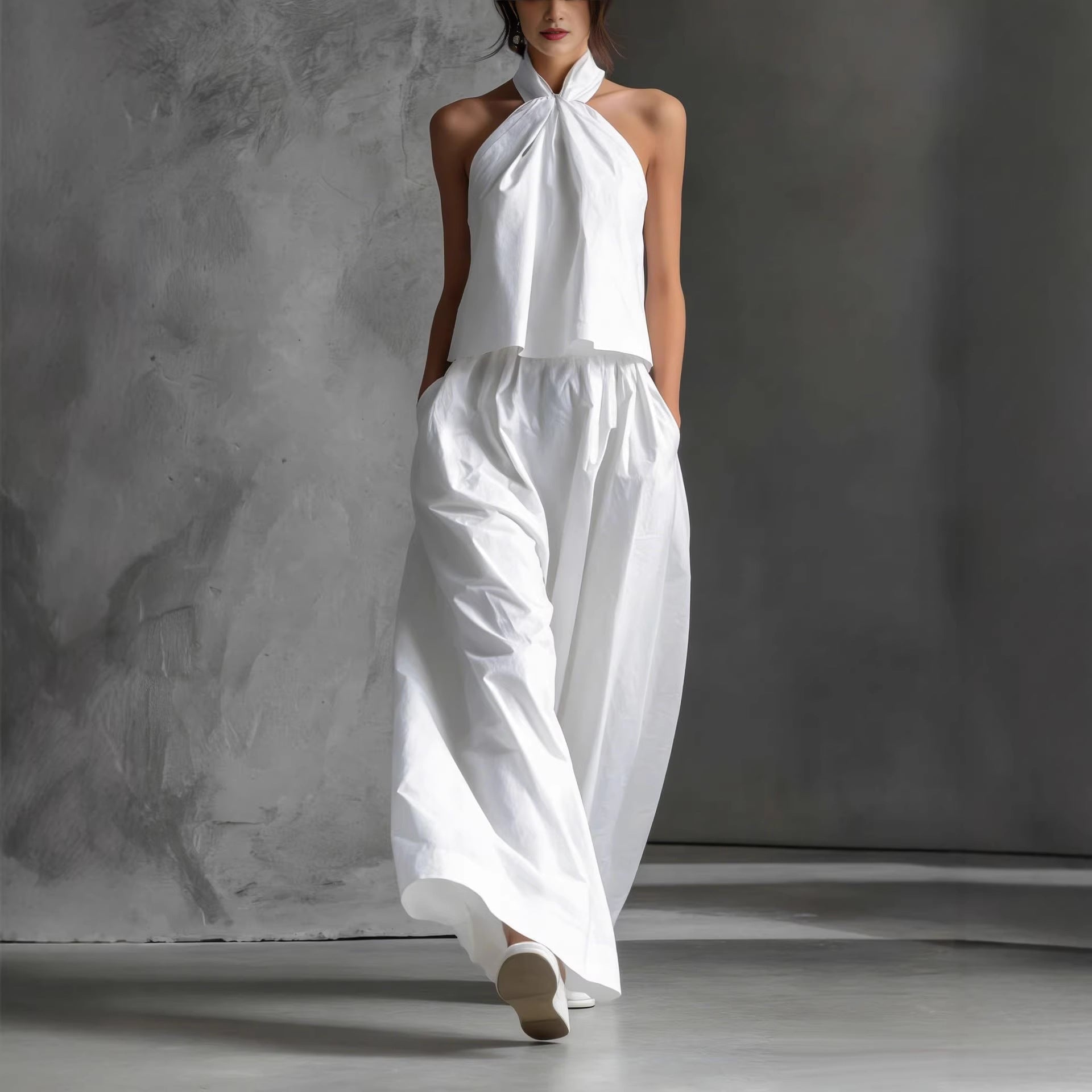 Loose-Fitting Sleeveless Top and Wide-Leg Pants Two-Piece Set.
