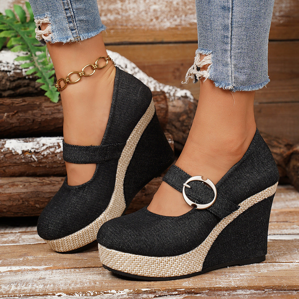 Women's Platform Wedge Pumps | Round-Toe Buckle Waterproof Thick Sole Shoes in Black & Blue | EU 36–43