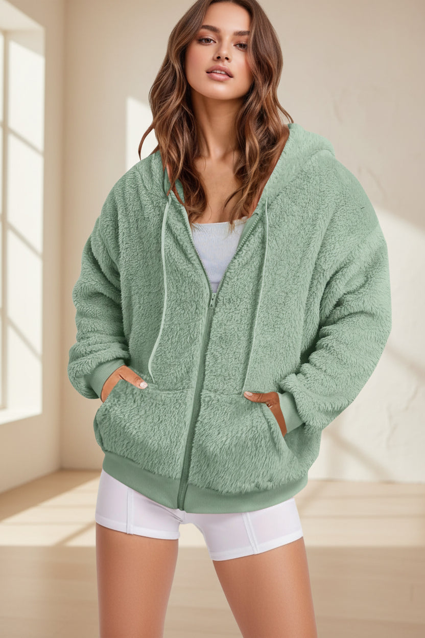 Long Zip-Up Hoodie – Soft Cotton Velvet, Oversized Fit