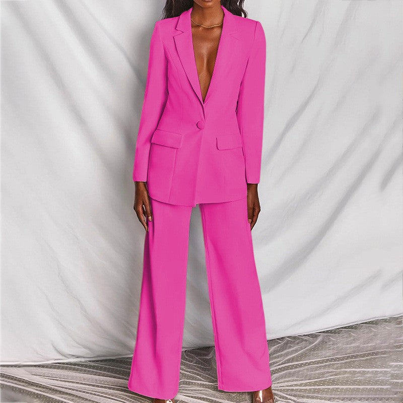 Lapel Button-Down Blazer & Straight-Leg Trousers Suit