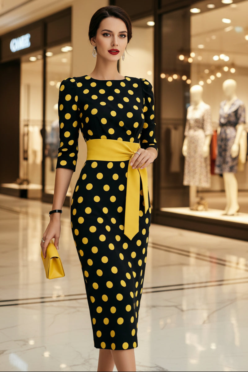 Women's Retro Polka-Dot Bodycon Midi Dress – Belted Cross-Tie