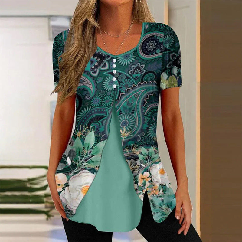 Women’s Printed Faux Two-Piece V-Neck Short Sleeve Top