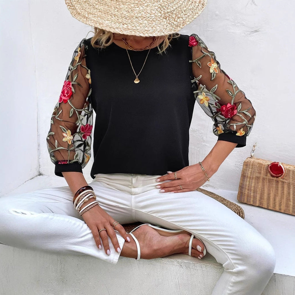 Women's Mesh Patchwork Three-Quarter Sleeve Top – Casual Chic
