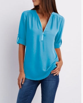 Women's Short-Sleeve Zip V-Neck Loose Top