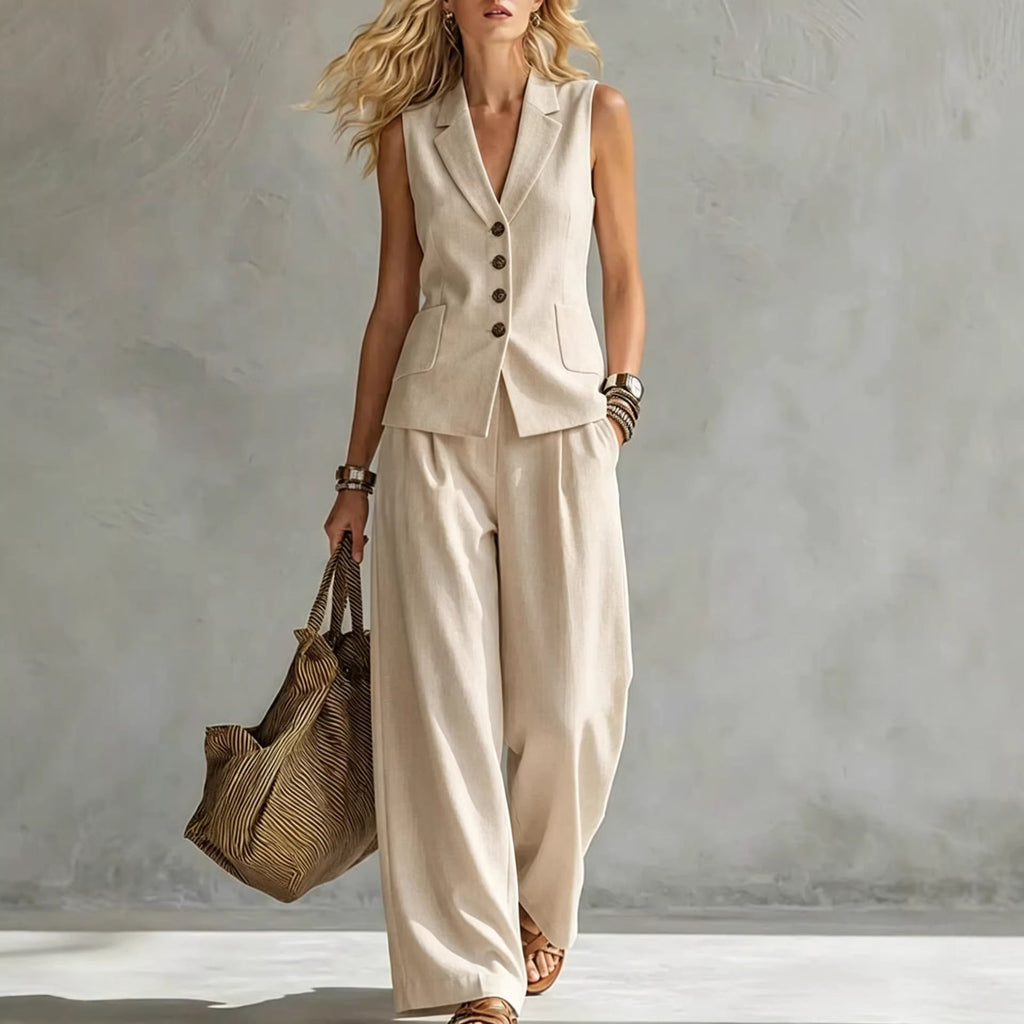 Women's Solid Linen Sleeveless Tank Top & Full-Length Pants Set