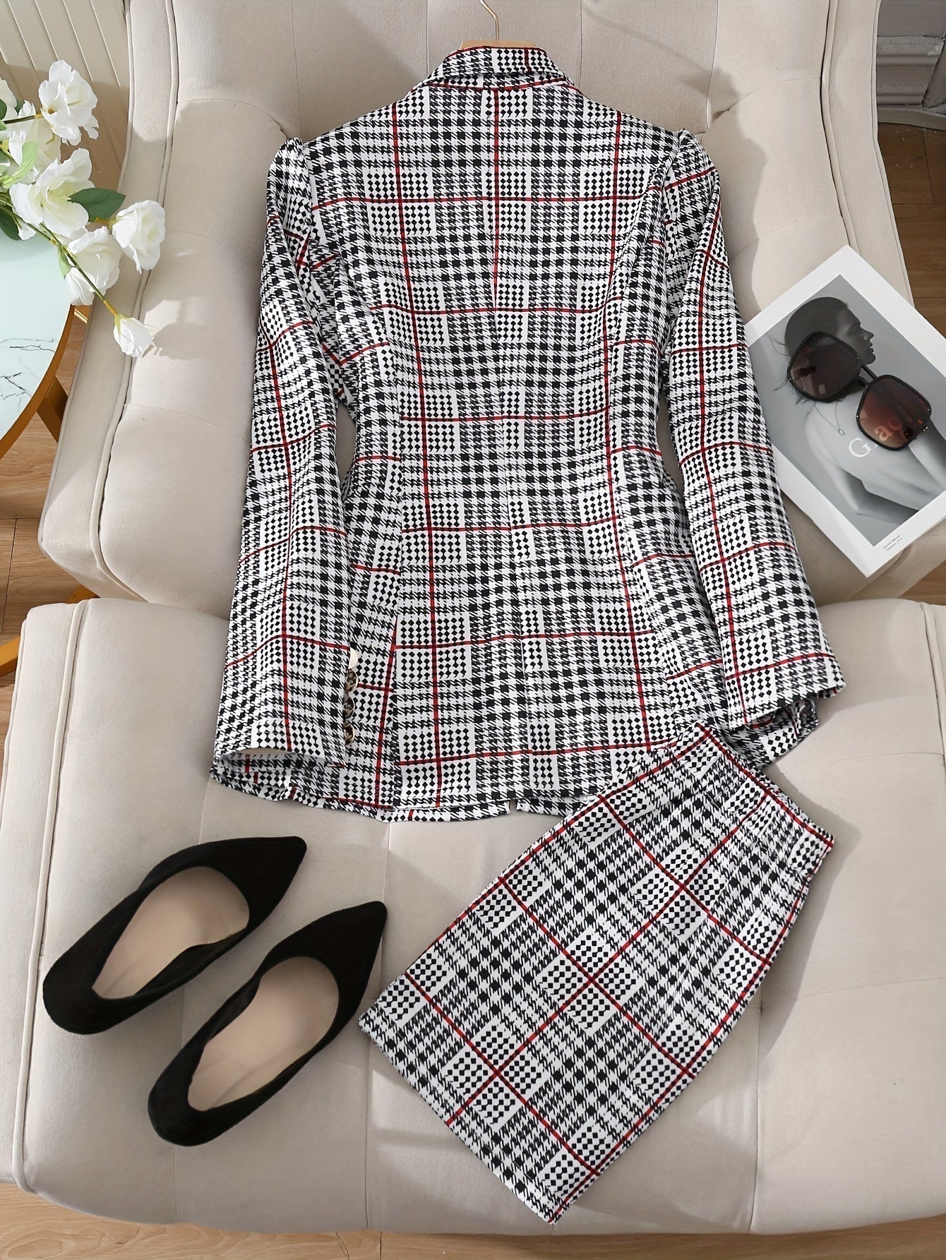 Plus Size Plaid Skirt Suit for Women – Two-Piece Blazer and High Waist Skirt Set