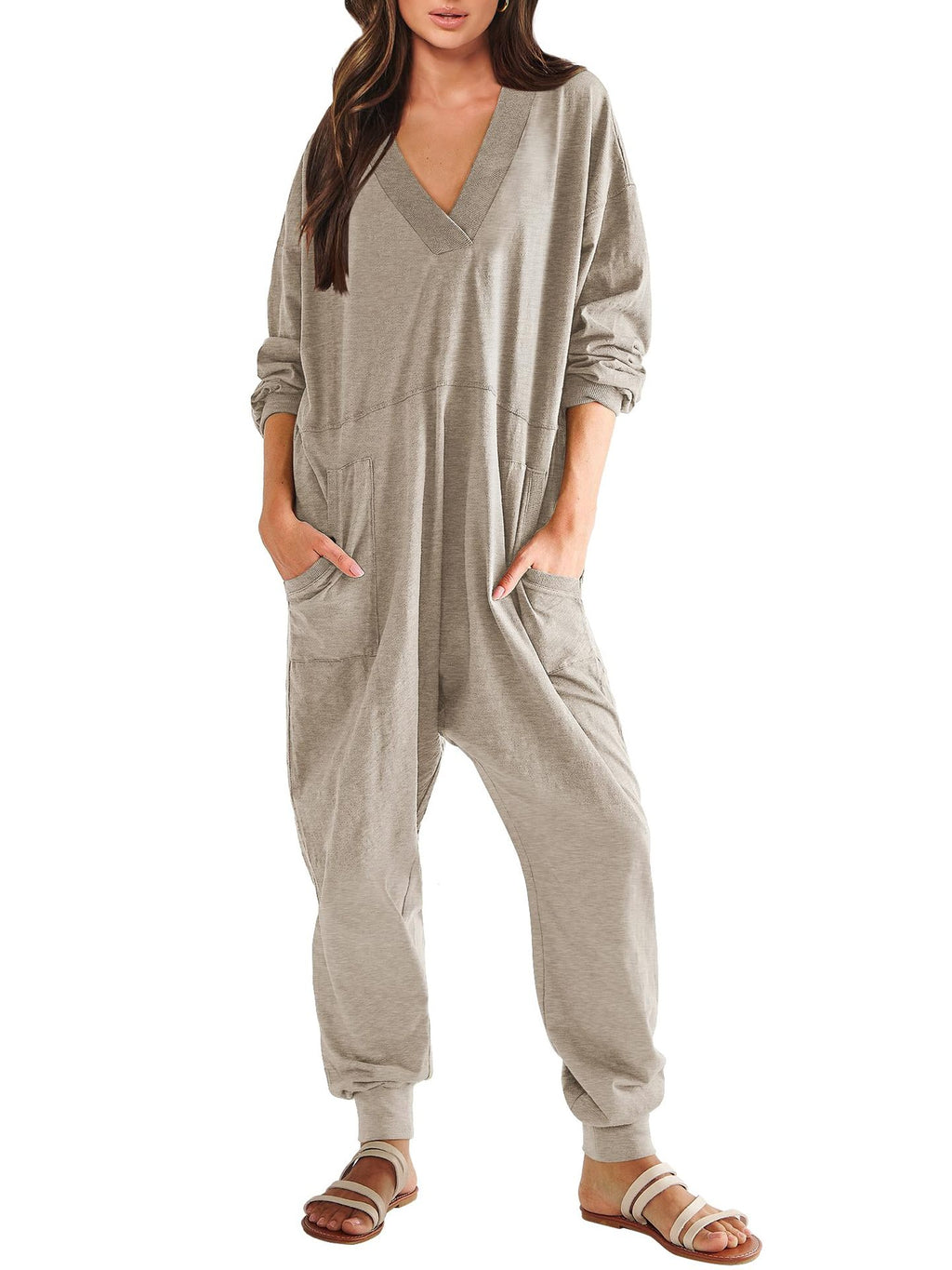 Women’s V-Neck Long Sleeve Solid Color Loose Jumpsuit With Two Side Pockets