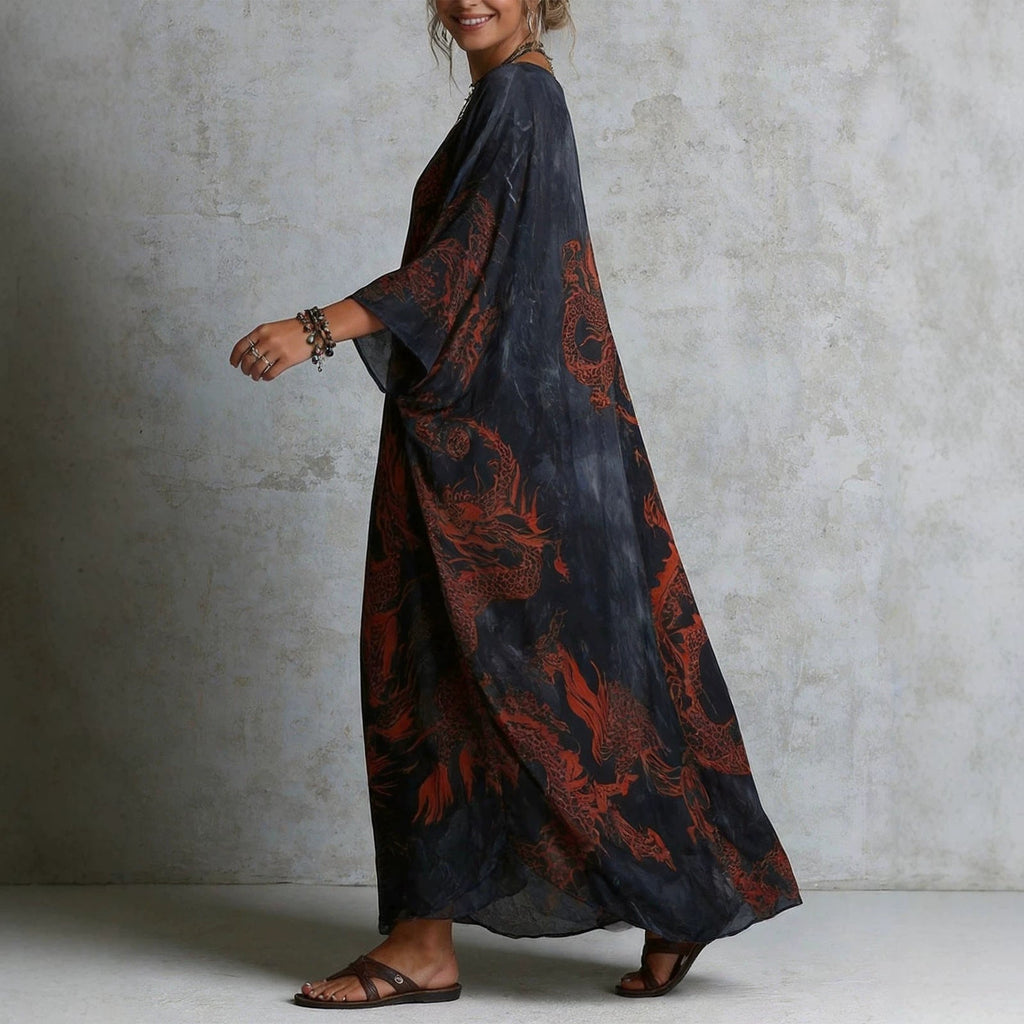 Women's Dragon Print Deep V-Neck Maxi Dress Beach Cover-Up