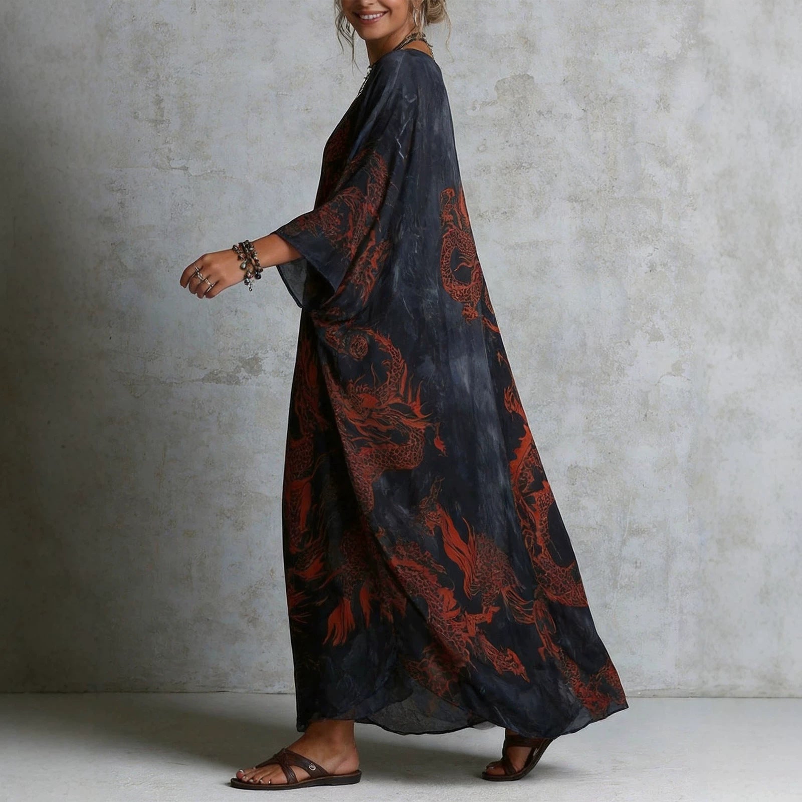 Women's Dragon Print Deep V-Neck Maxi Dress Beach Cover-Up