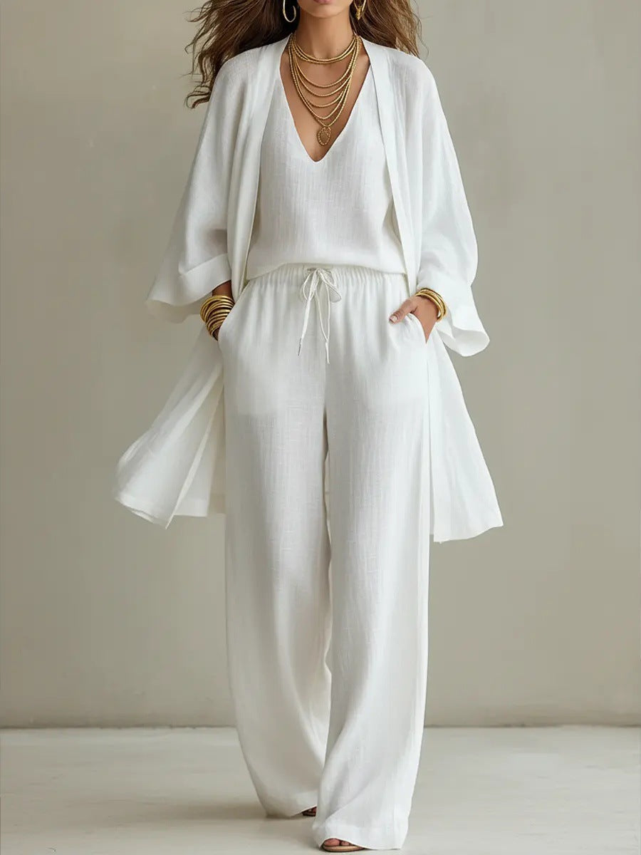 Women's V-Neck Cardigan Coat, Pocket Vest & Long Pants Three-Piece Set
