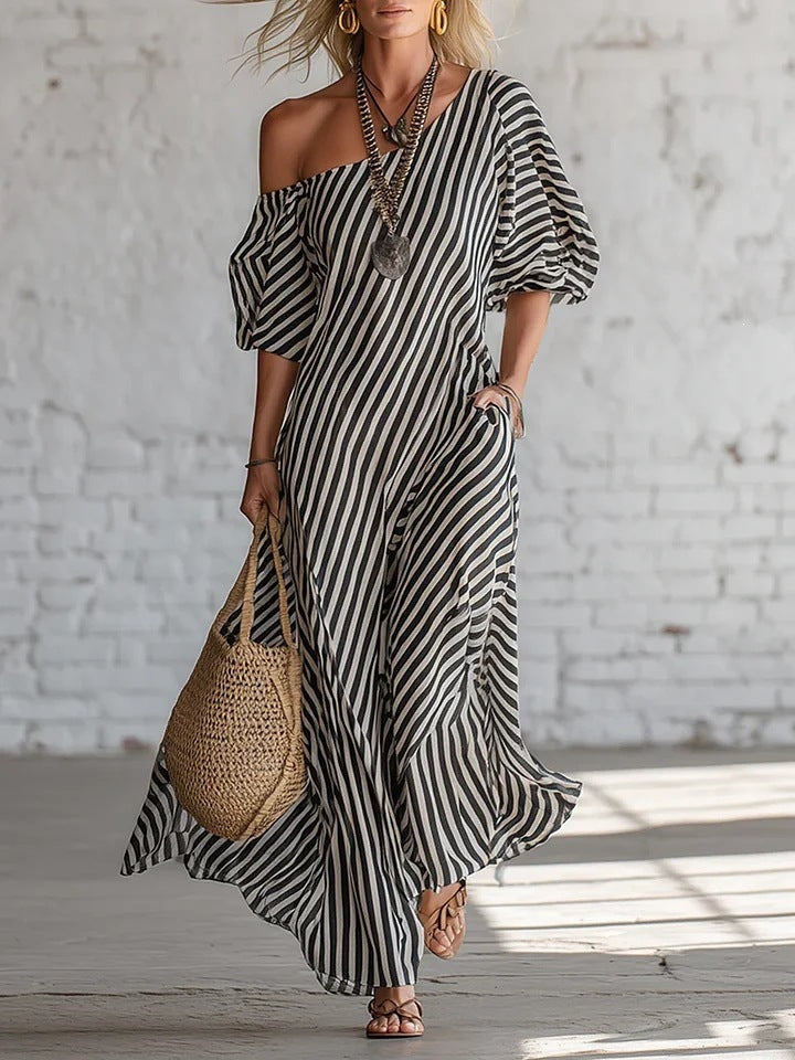 Women's Striped Off-Shoulder Elegant Midi Dress