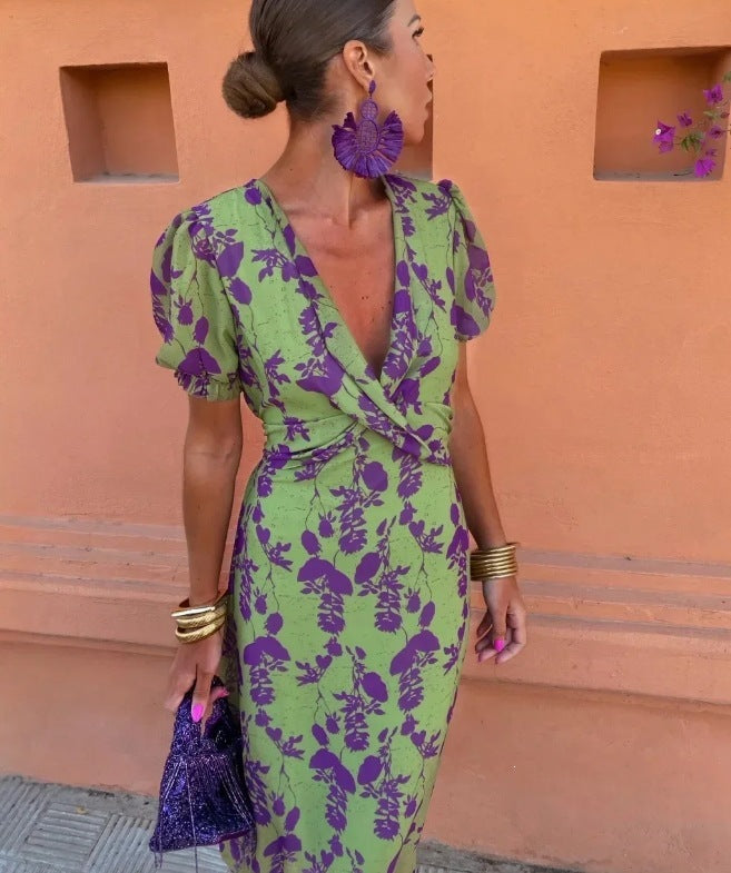 Women's Ruched Maxi Dress – V-Neck Short Sleeve, Form-Fitting Printed Elegant