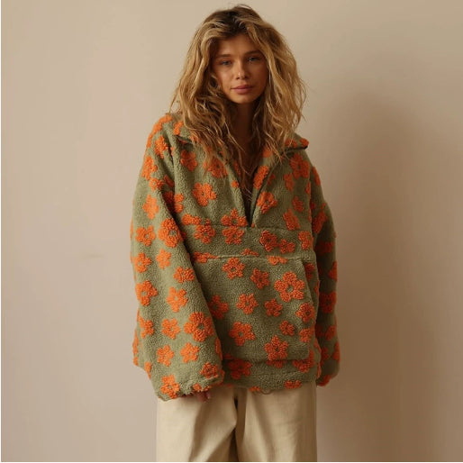 Winter Flowers Lambskin Sweatshirt Women | Cozy Zip-Up Pocket Pullover