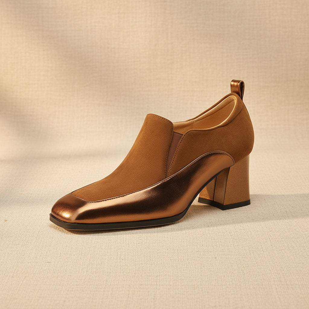 Women's Retro Cowhide Square Toe Chunky Heel Slip-On Pumps