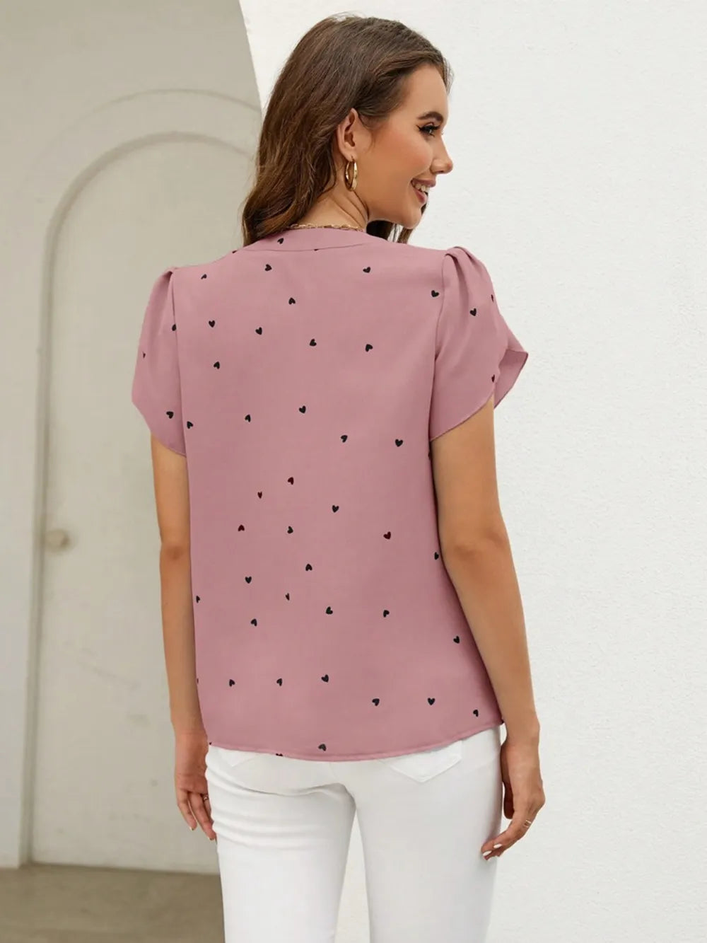 Women's V-Neck Heart Print Blouse – Petal Sleeve Pleated Front Elegant Top