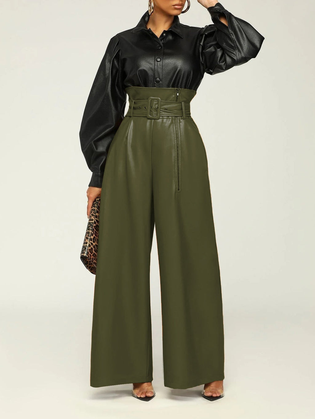 Women's High-Waist PU Leather Wide-Leg Pants with Metallic Belt