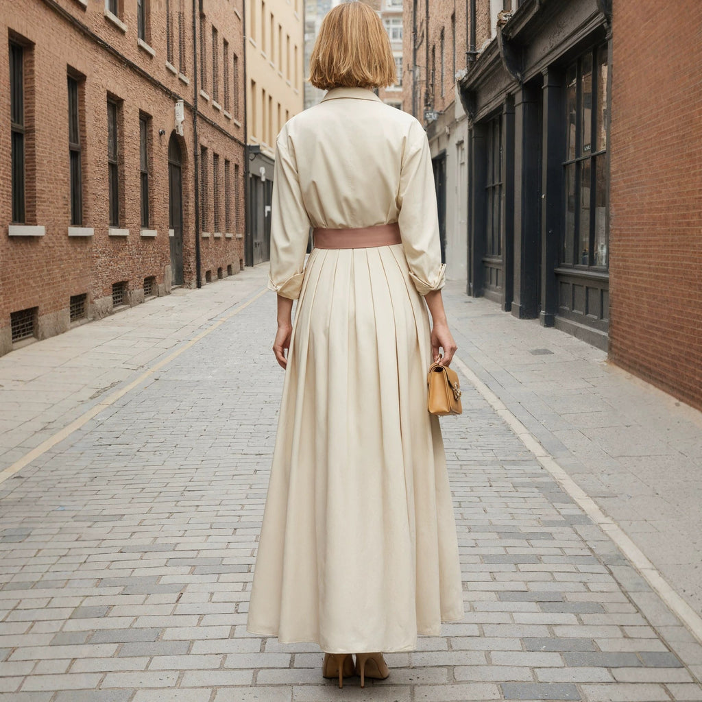 Long Sleeve Polo Collar High Waist Maxi Dress for Women – Solid Color Button Dress