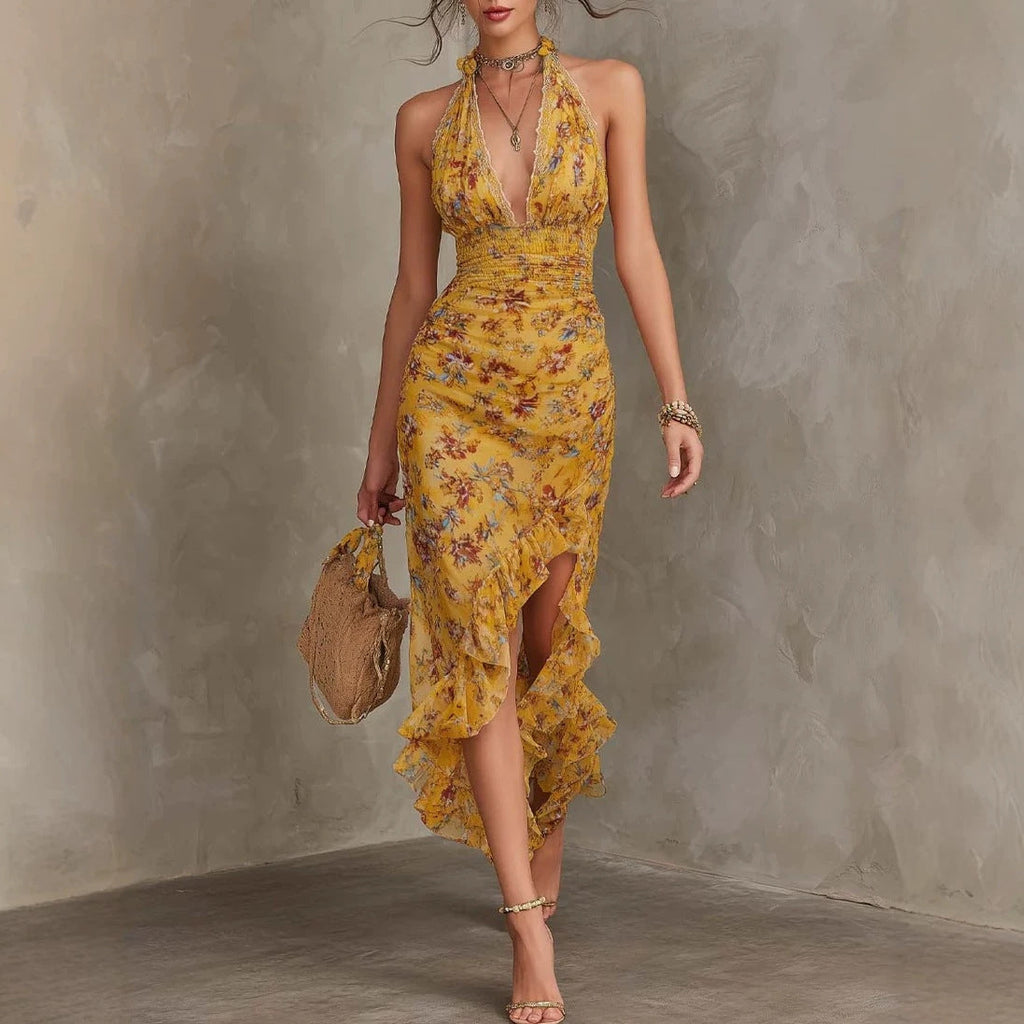 Women's Halter Neck Deep V Floral Maxi Dress | Ruffle Split Waist-Cinching Boho Dress