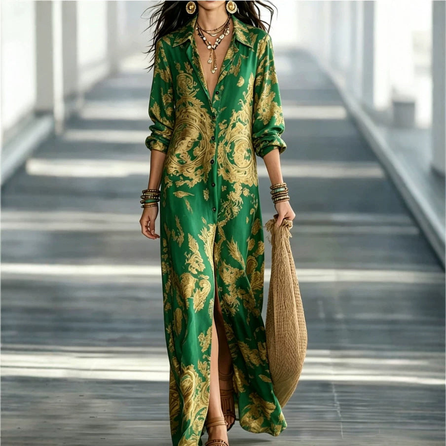 Women's Floral Print Chiffon Turn-Down Collar Split Maxi Dress | Resort Beach Dress