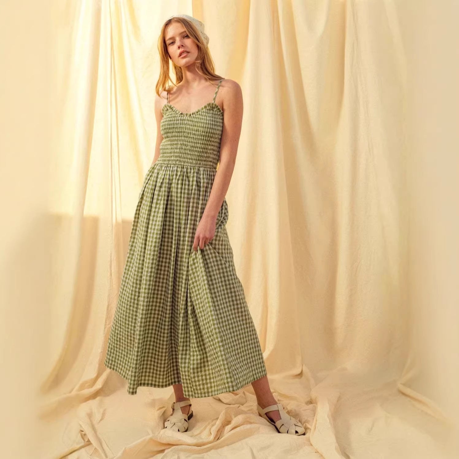 Women's Retro Plaid Sleeveless A-Line Maxi Dress – Fitted Waist Pleated Sundress