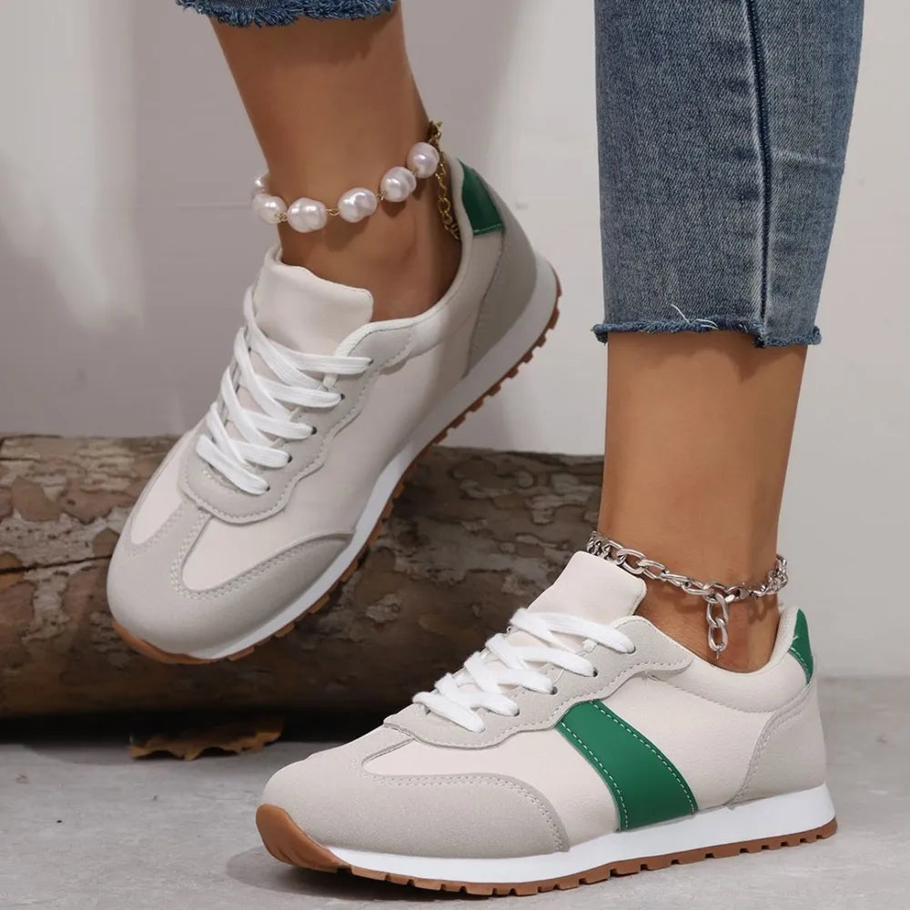 PU Leather Contrast Round Toe Flat Sneakers – Lace-Up Casual