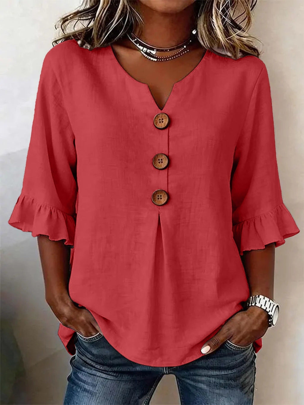 Women's Cotton Linen V-Neck Button-Up Blouse — Summer Casual Top