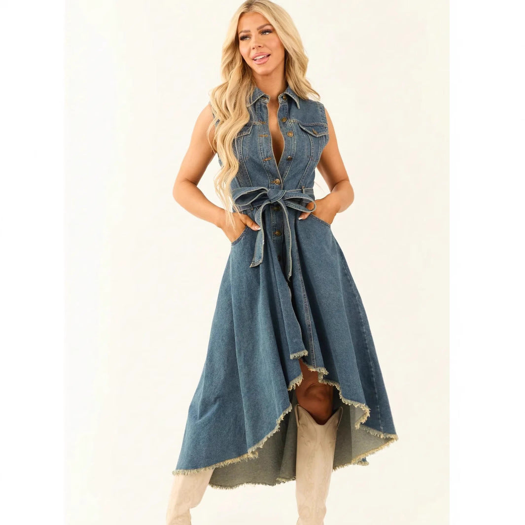 Women's Sleeveless Denim Midi Dress – Irregular Hem Button-Front