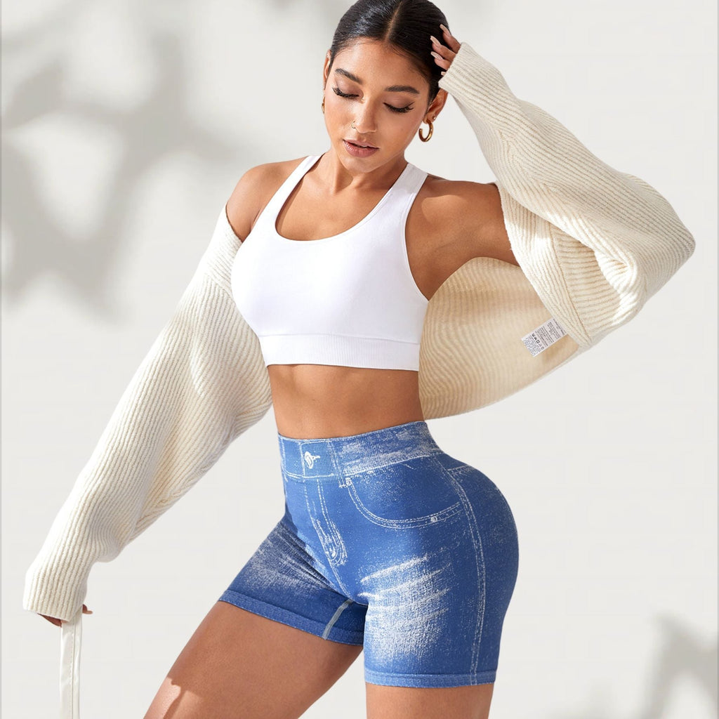 Seamless Denim-Look Yoga Shorts – Back V-Waist Hip-Lifting