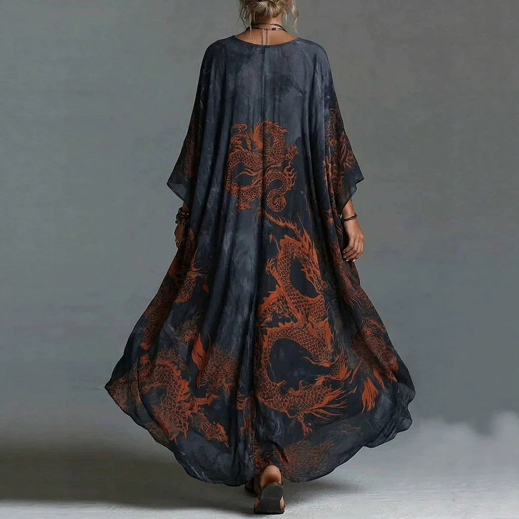 Women's Dragon Print Deep V-Neck Maxi Dress Beach Cover-Up