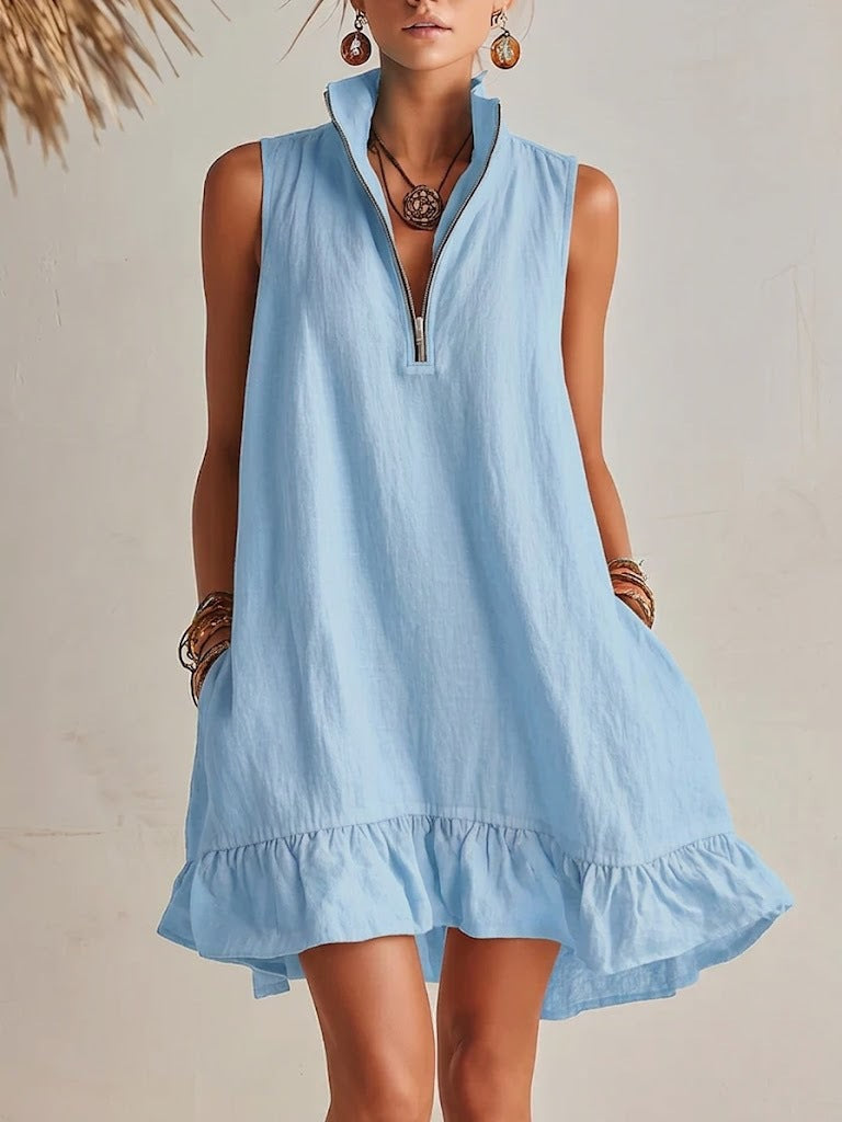 Women's Casual Loose Half-Zip Sleeveless Dress with Ruffle Hem