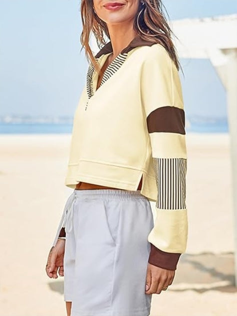 Color‑Block Cropped Polo V‑Neck Sweatshirt