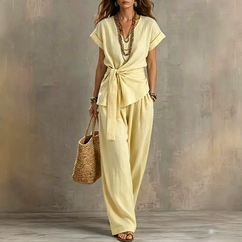 Women's V-Neck Short-Sleeve Top & Pants Two-Piece Set