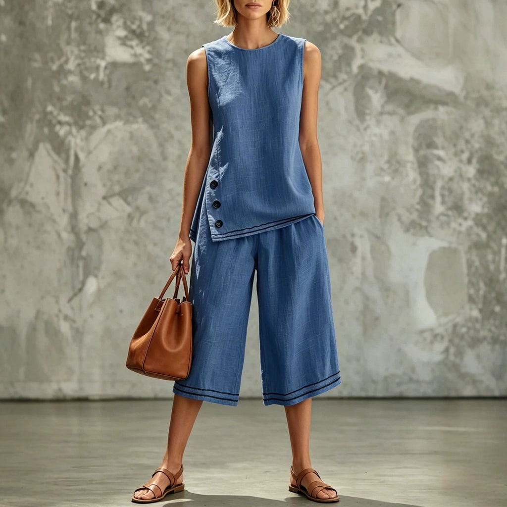 Women's Tank Top & Wide-Leg Pants Set – Side Split, Pockets, Buttons