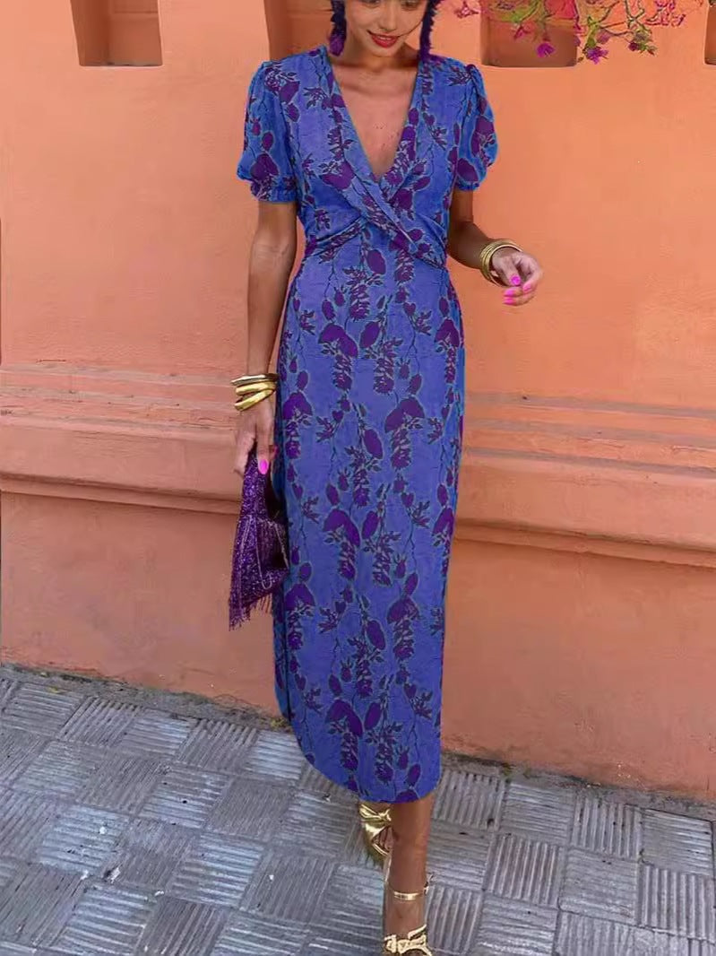 Women's Ruched Maxi Dress – V-Neck Short Sleeve, Form-Fitting Printed Elegant