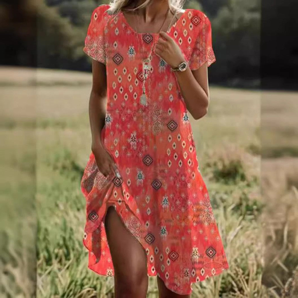 Ethnic Print Midi Dress – Scoop Neck Geometric Pattern Boho Dress