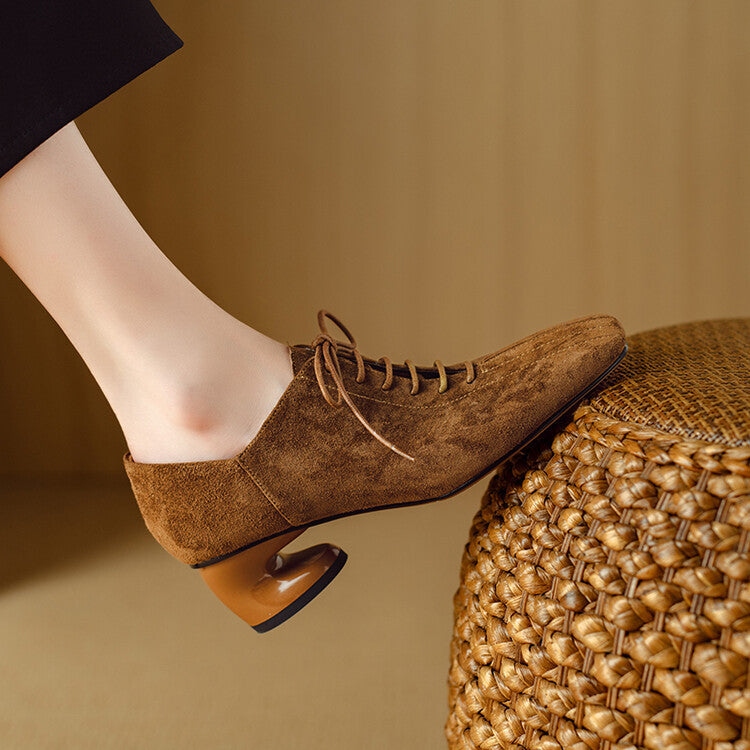 Women's Retro Sheepskin Square Toe Chunky Heel Pumps – Lace-Up Mid Heel