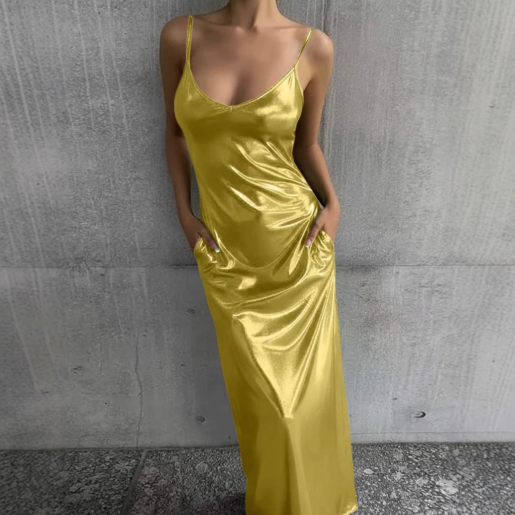 Textured Mirror-Finish U-Neck Slip Maxi Dress with Pockets