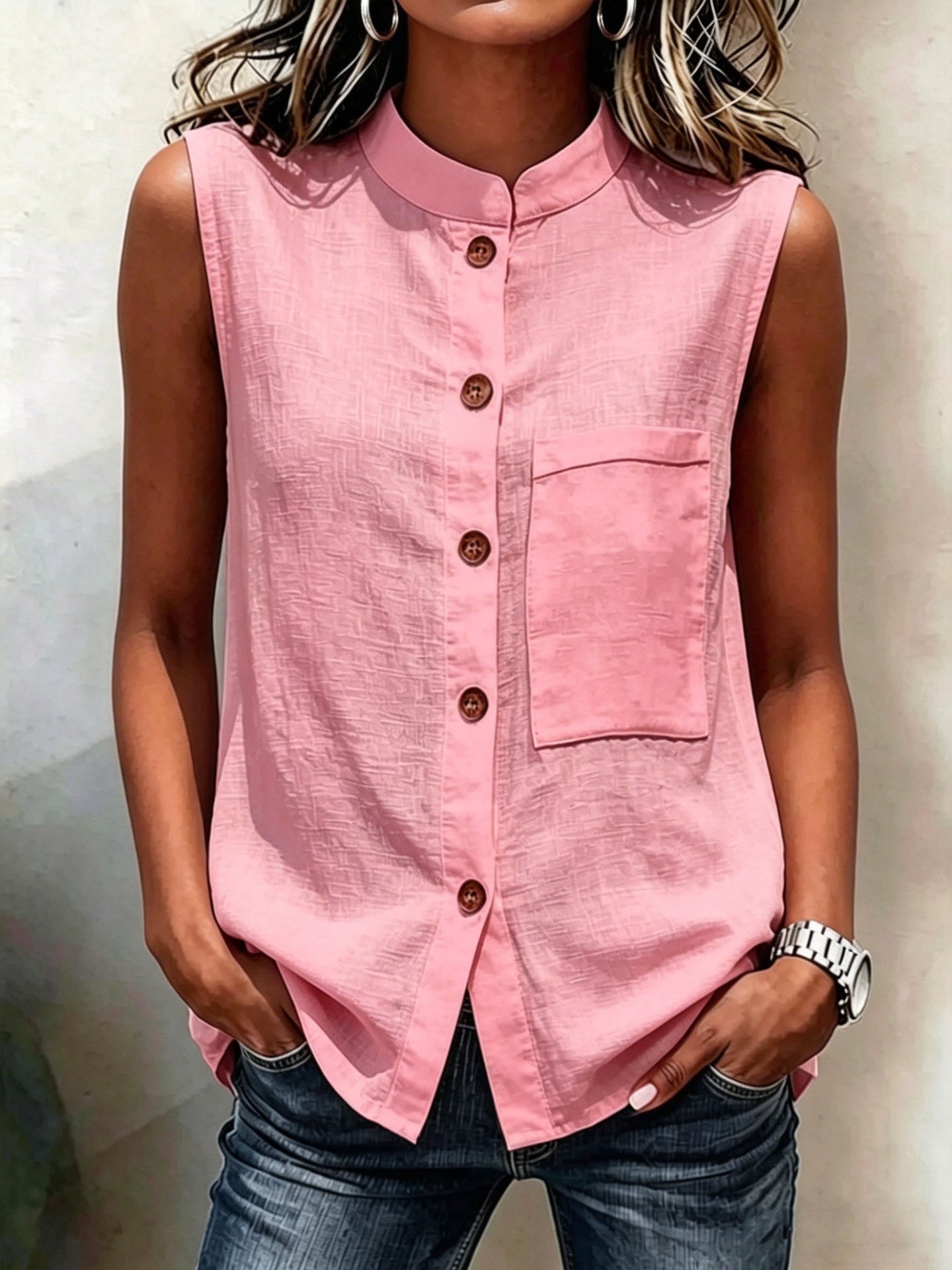 Women's Sleeveless Crop Top with Buttoned Pockets – Solid Color