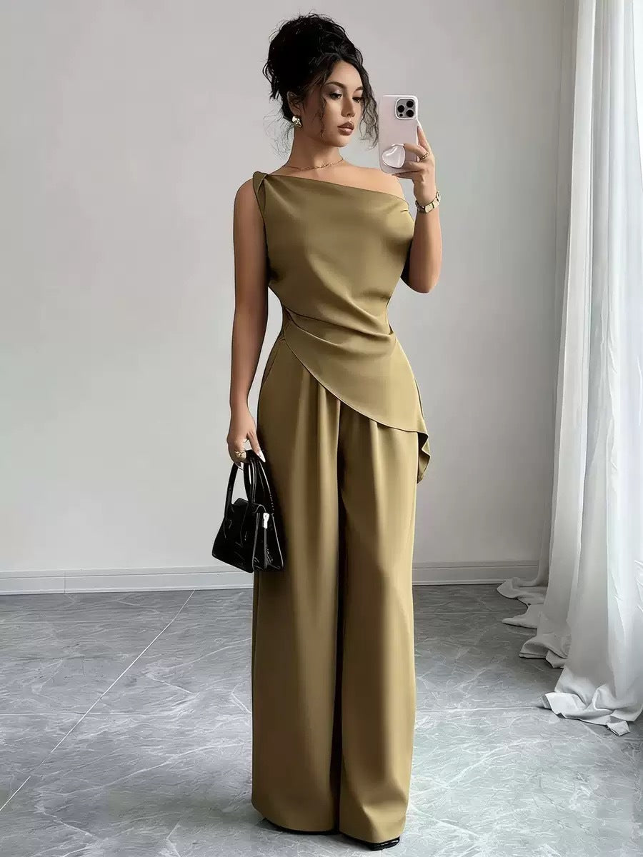 One-Shoulder Asymmetric Top & Wide-Leg Pants 2-Piece Set – Women's Elegant Co-ord Suit