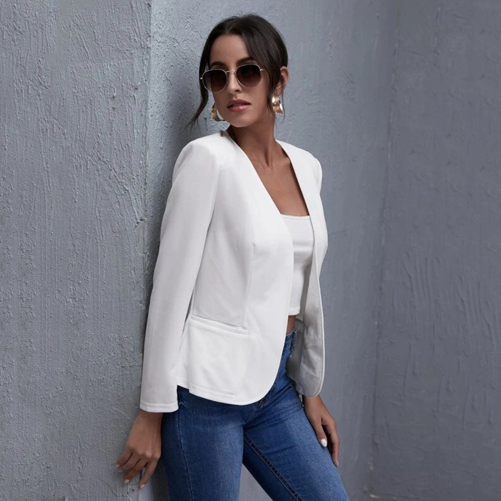 White Open-Front Cropped Blazer – Women's Plus Size Collarless Long Sleeve Jacket